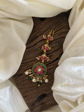 Red Green Precious Kundan Jadau Maang Tikka -Floral-Green Bead and Pearls - J2019